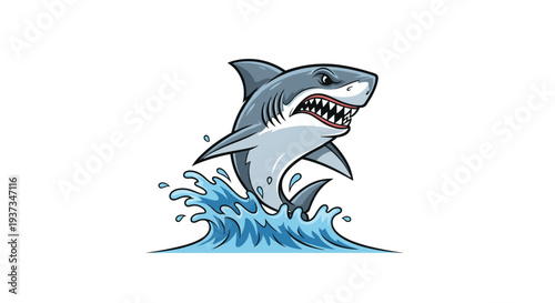 A grey cartoon shark breaks through a stylized blue ocean wave mid-jump, mouth open and fins spread, creating splashes.