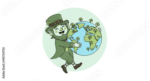 Leprechaun holds four leaf clover globe symbolizing good luck and fortune worldwide green attire