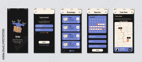 Dark Delivery Mobile App UI Kit, Courier Shipping Application Screens, Package Tracking Interface, Logistics Service UX Template, Food Delivery Smartphone Dashboard Design