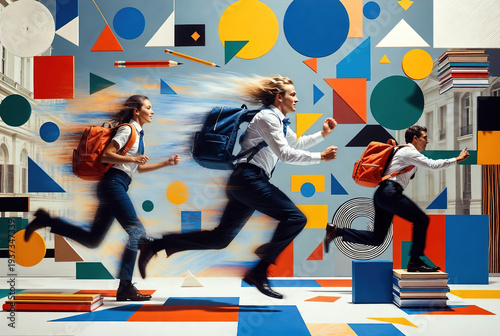 People with backpacks running past a wall of colorful geometric art. Perfect for travel, youth lifestyle, and urban adventure themes.
