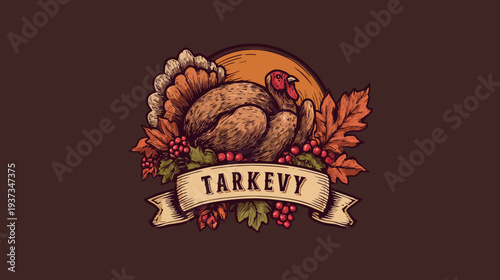 Roast turkey and autumn leaves and berries over a banner with the text "TARKEVY." on a brown background
