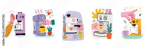 Close up of a barista hand using a professional espresso machine to brew fresh coffee in a cafe. illustration set