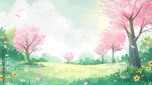 A colorful spring forest during the day, cherry blossom trees, small wildflowers, a gentle green meadow, fluffy clouds, a cute and warm atmosphere, illustrations that are kid-friendly.