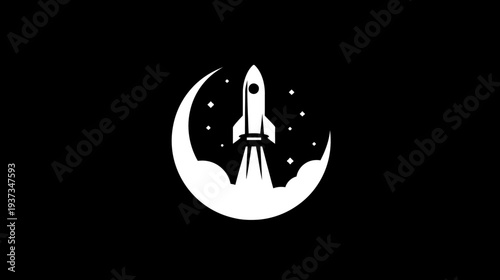 A white rocket, taking off from white clouds, flies towards the moon with stars against black
