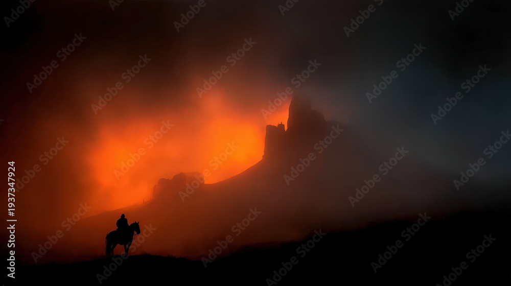 Fototapeta premium Silhouetted rider on horseback approaches a distant fortress bathed in intense orange atmospheric light