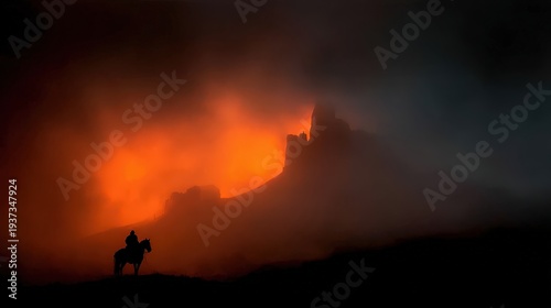 Silhouetted rider on horseback approaches a distant fortress bathed in intense orange atmospheric light