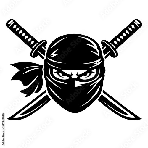 Ninja black and white illustration with crossed swords behind masked head graphic design