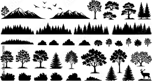Tree and forest silhouettes - Vector illustration collection of trees and wilderness objects to create your own nature scene.