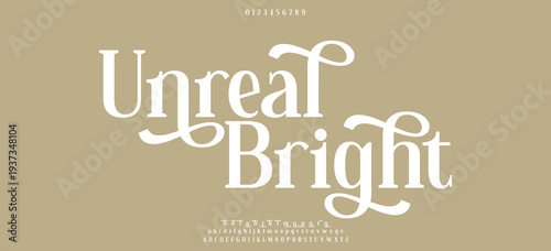 Unreal Bright Elegant luxury abstract wedding fashion logo font alphabet. Minimal classic urban fonts for logo, brand etc. Typography typeface uppercase lowercase and number. vector illustration