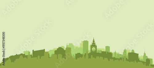 Green panoramic poster of the city skyline with solid background buildings on a hilly terrain of LONDON, UNITED KINGDOM