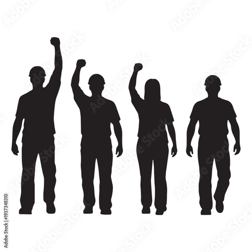Four construction workers in silhouette mode standing together with fists raised in celebration