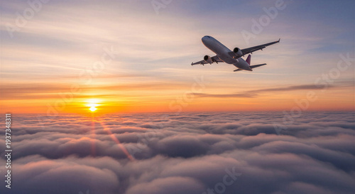 Airplane flying above clouds during vibrant sunset over horizon  
