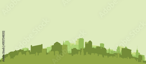 Green panoramic poster of the city skyline with solid background buildings on a hilly terrain of PITTSBURGH, UNITED STATES