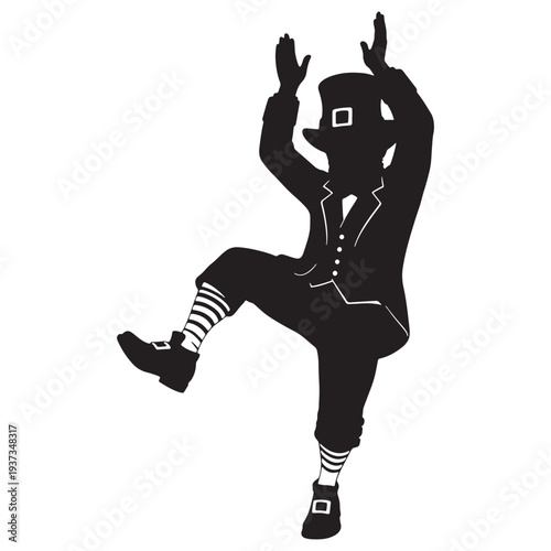 A black silhouette of a dancing man in a top hat and suit against a white background silhouette