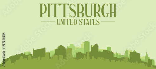 Green panoramic poster of the city skyline with solid background buildings on a hilly terrain of PITTSBURGH, UNITED STATES