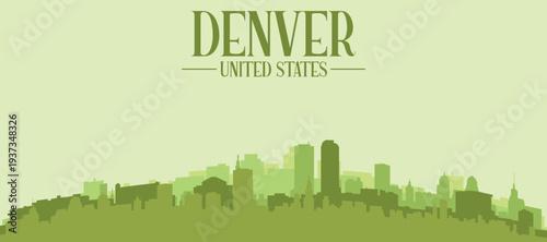 Green panoramic poster of the city skyline with solid background buildings on a hilly terrain of DENVER, UNITED STATES