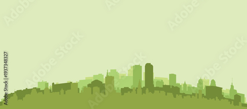 Green panoramic poster of the city skyline with solid background buildings on a hilly terrain of DENVER, UNITED STATES