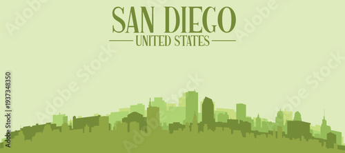 Green panoramic poster of the city skyline with solid background buildings on a hilly terrain of SAN DIEGO, UNITED STATES