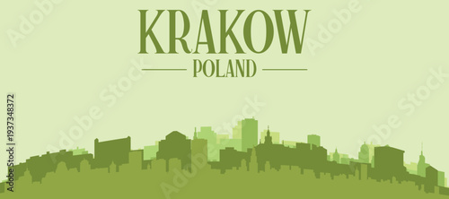 Green panoramic poster of the city skyline with solid background buildings on a hilly terrain of KRAKOW, POLAND