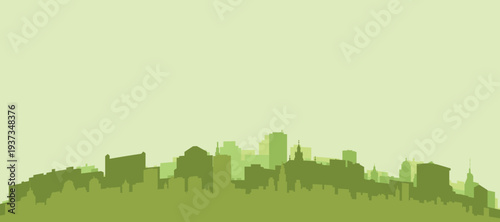 Green panoramic poster of the city skyline with solid background buildings on a hilly terrain of KRAKOW, POLAND
