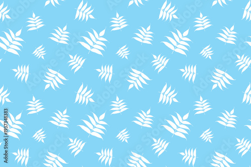Seamless pattern White feathery leaves scattered Soft blue background Elegant minimal botanical design ideal for textiles, wallpapers, wrapping paper stationery feminine branding Spring summer design