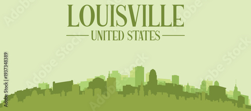 Green panoramic poster of the city skyline with solid background buildings on a hilly terrain of LOUISVILLE, UNITED STATES