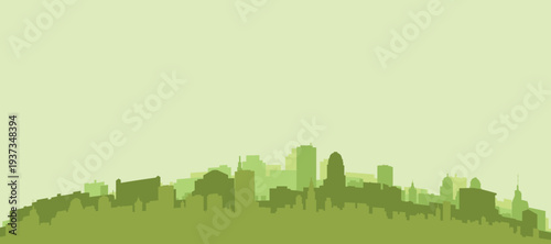 Green panoramic poster of the city skyline with solid background buildings on a hilly terrain of LOUISVILLE, UNITED STATES