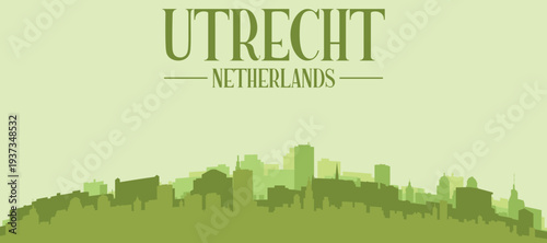 Green panoramic poster of the city skyline with solid background buildings on a hilly terrain of UTRECHT, NETHERLANDS