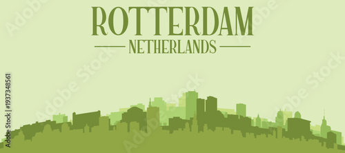 Green panoramic poster of the city skyline with solid background buildings on a hilly terrain of ROTTERDAM, NETHERLANDS