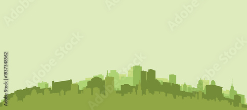 Green panoramic poster of the city skyline with solid background buildings on a hilly terrain of ROTTERDAM, NETHERLANDS