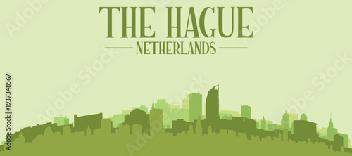 Green panoramic poster of the city skyline with solid background buildings on a hilly terrain of THE HAGUE, NETHERLANDS