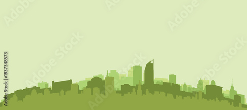 Green panoramic poster of the city skyline with solid background buildings on a hilly terrain of THE HAGUE, NETHERLANDS