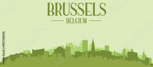 Green panoramic poster of the city skyline with solid background buildings on a hilly terrain of BRUSSELS, BELGIUM