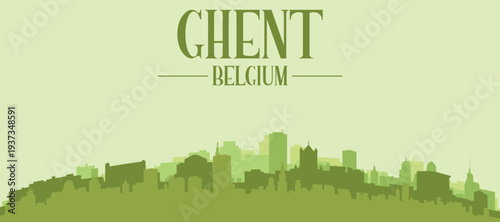 Green panoramic poster of the city skyline with solid background buildings on a hilly terrain of GHENT, BELGIUM