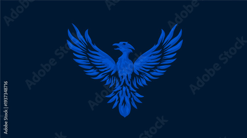 A stylized blue bird with outstretched wings against a dark blue background