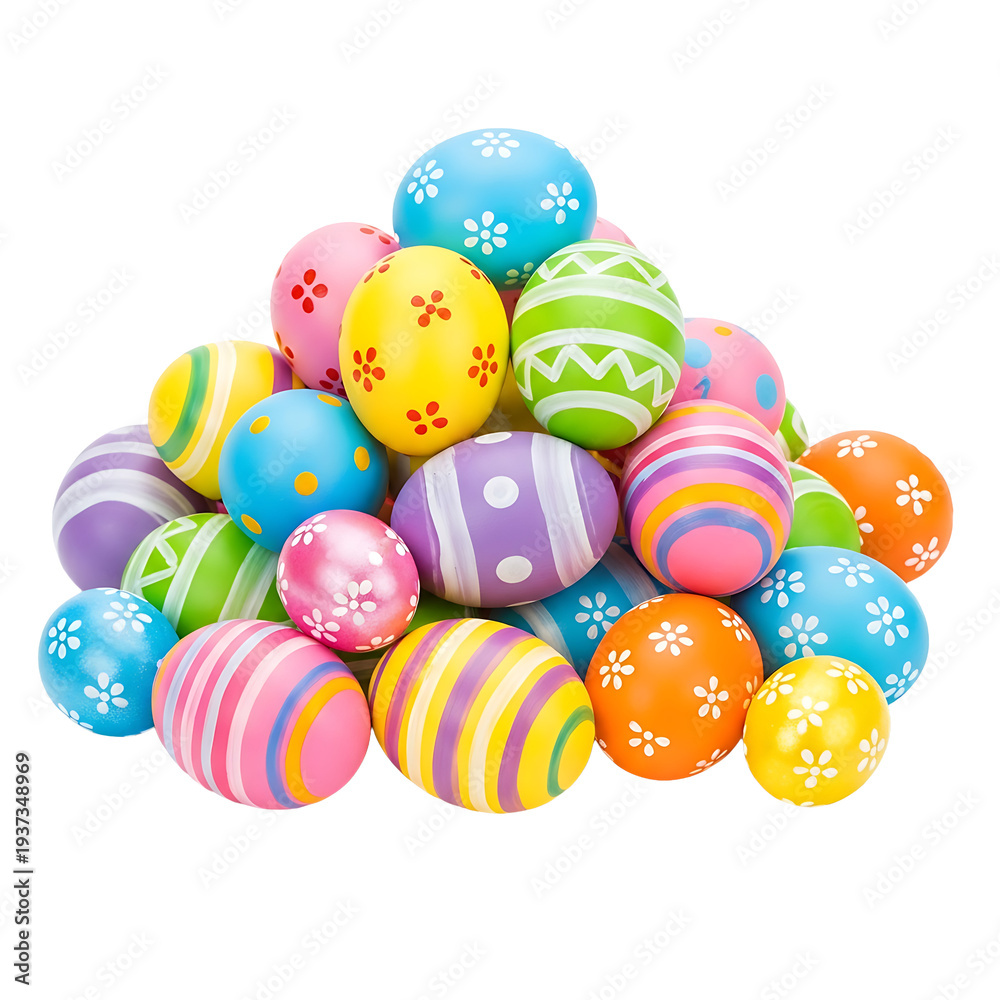 Fototapeta premium A pile of colorful Easter eggs on transparent background