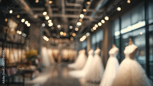 Wallpaper Mural Blurred background of a bright, stylish wedding salon, bokeh, puffy white dresses on mannequins and rails, out-of-focus photos, soft pink, beige, white pastel colors, tulle, fabric, showroom Torontodigital.ca