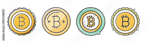Collection of four stylized Bitcoin cryptocurrency coins in a hand-drawn style