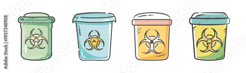 Collection of four biohazard waste container icons with a sketchy, hand-drawn look.