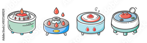 Set of four cartoon blood centrifuges with red liquid spinning inside.