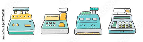 Collection of four retro and modern cash registers with keyboards and displays.