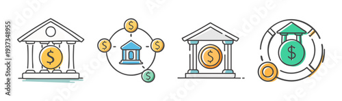 Set of four bank icons featuring buildings, coins, and dollar signs for finance.