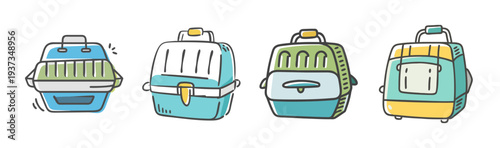 Doodle style icons of various pet carriers for transporting animals.