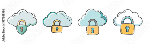 Cloud security icons featuring padlocks and shields, symbolizing data protection and safety.