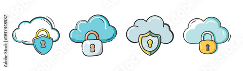 Cloud security icons with locks and shields, representing data protection and cyber defense.