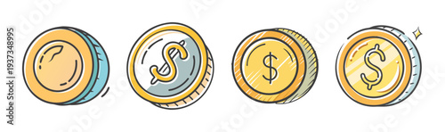 Collection of hand-drawn gold coin icons symbolizing currency, finance, and wealth.