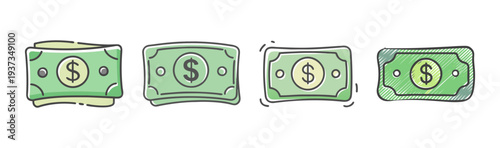 Collection of four hand-drawn icons depicting stacks of dollar bills and banknotes