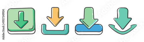 Group of four hand-drawn icons illustrating download arrows and upload symbols