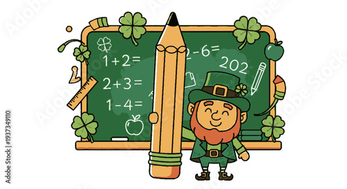 Leprechaun standing beside giant pencil and decorated chalkboard with math problems and shamrocks on st patrick's day