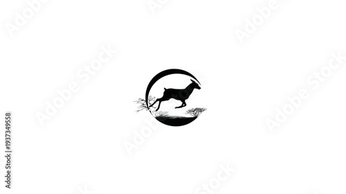 Silhouette of a leaping antelope in a circle with trees and grasses, set against a white background